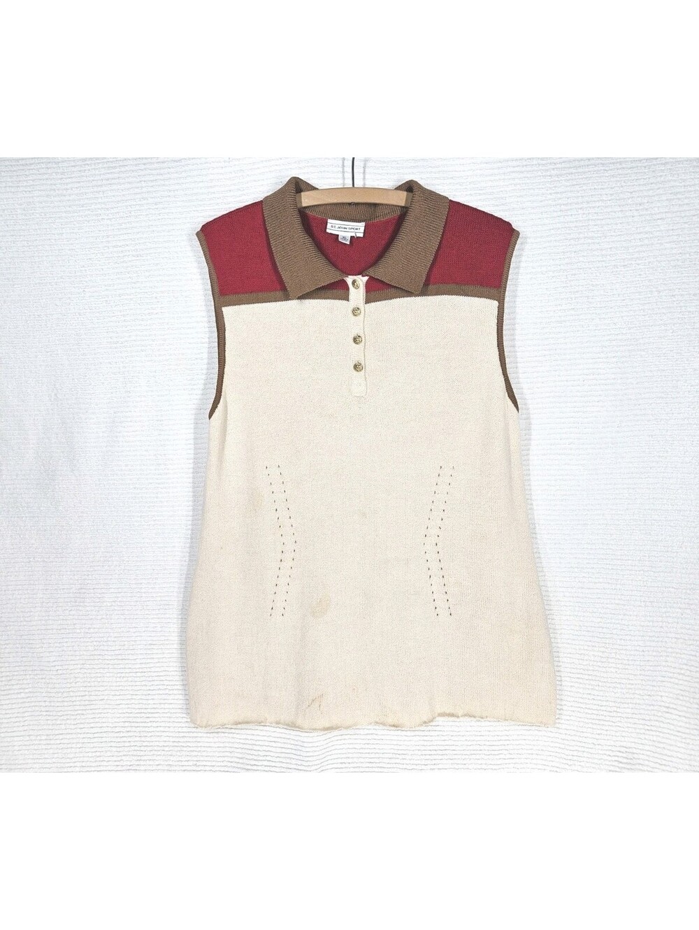 St John Sport Knits Polo Tunic Shirt L Gold Shank Buttons Raw Hem Unique Preppy